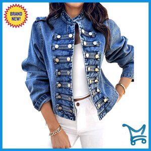 Denim Jacket Button Up Stand Collar Lightweight Casual Fall Coat Chic Classic